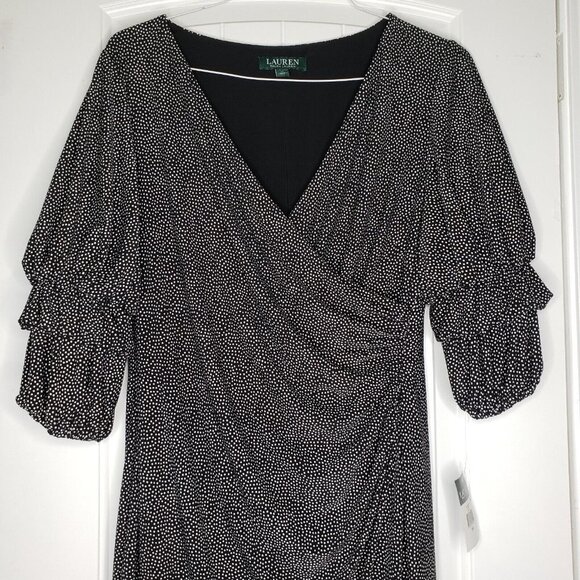 Ralph Lauren V Neck Surplice Jersey Dress Womens 14 Black Polka Dot Knee Length - Picture 4 of 15